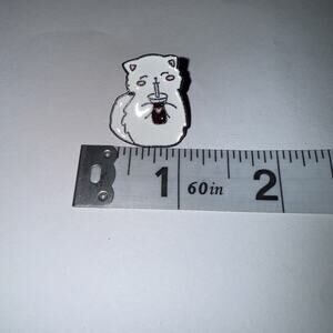 Fluffy White Cat Or Kitten Drinking Iced Coffee Or Tea Iced Drink Pin Brooch